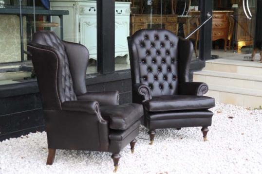 Button-Back Wing Leather Chairs