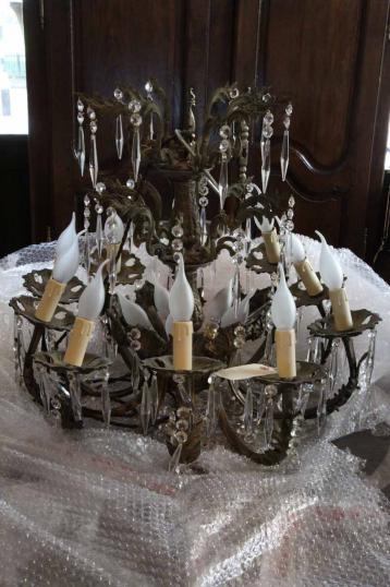 French Brass Antique Chandelier with Frosted Lights