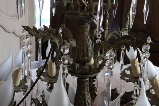 French Brass Antique Chandelier with Frosted Lights
