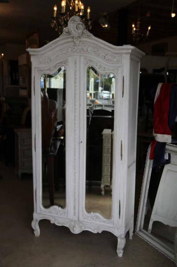 French Painted Oak Armoire with Mirrored Doors