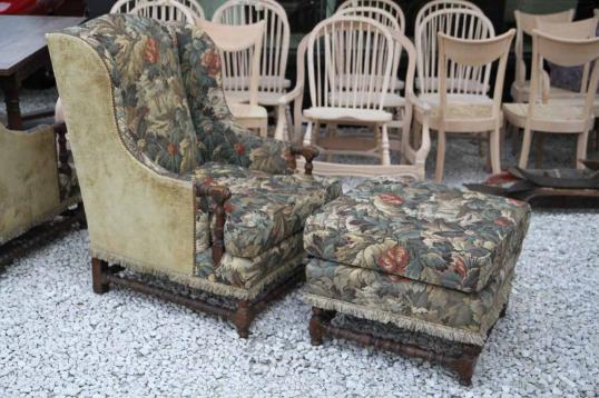 Pair of Wing Chairs and One Ottoman or Footstool