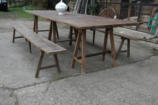 French Farmhouse Trestle Table with benches