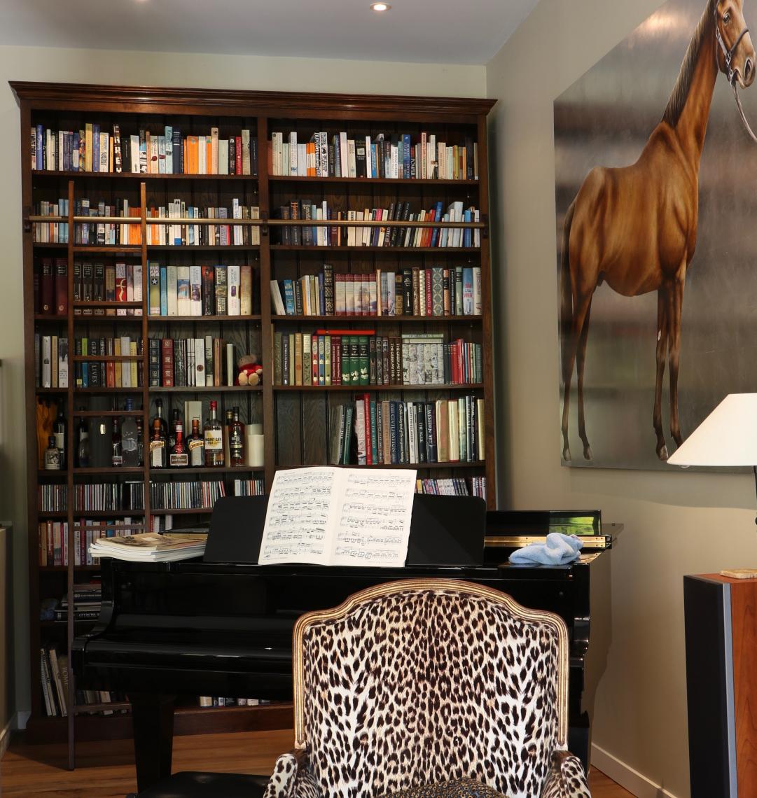 Library Bookcase with Ladder and Brass Rail