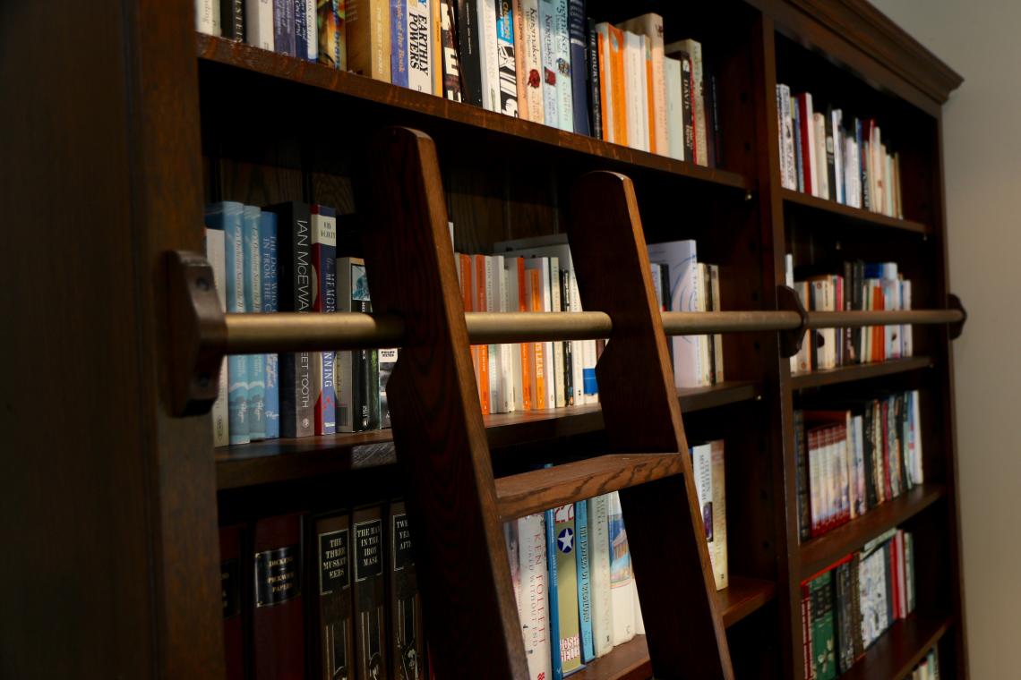 Library Bookcase with Ladder and Brass Rail