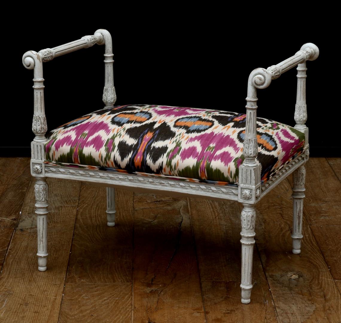 Directoire Footstool with Gorgeous Silk Ikat Fabric