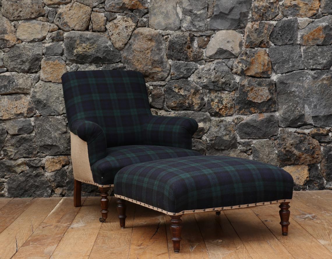 French Chair and Footstool in Scottish Tartan