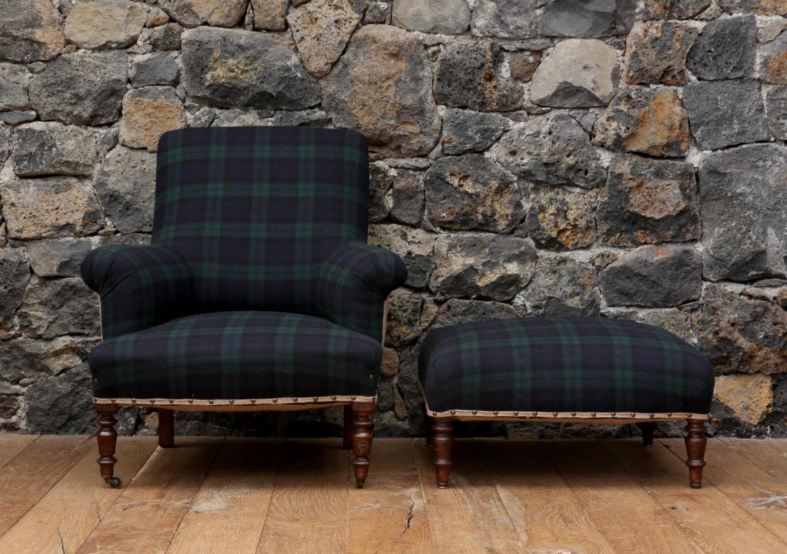 French Chair and Footstool in Scottish Tartan