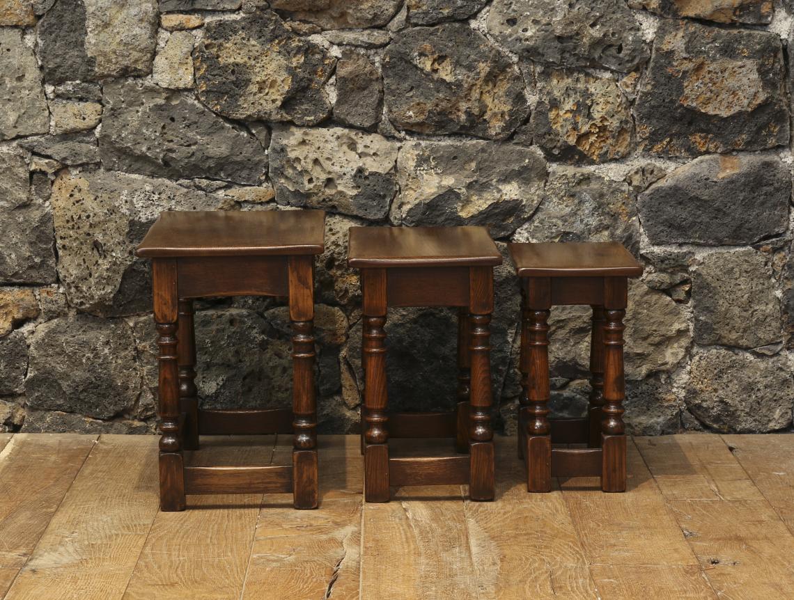 English Oak Nest of Three Tables with Turned Legs