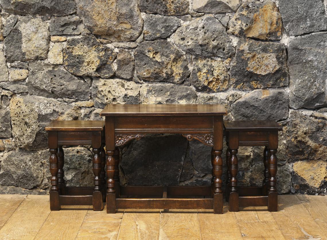 Jacobean-style English Oak Nest of Three Stools