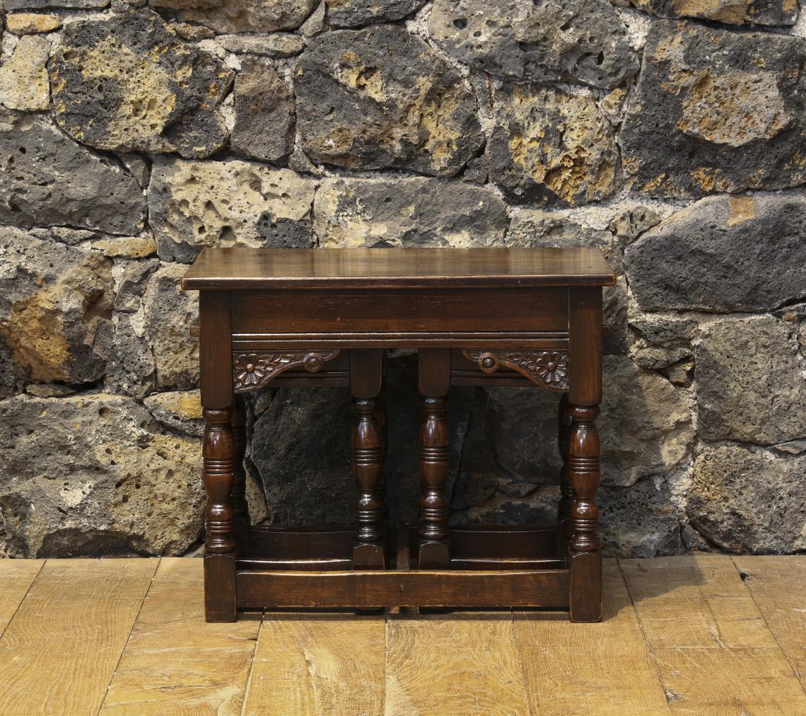 Jacobean-style English Oak Nest of Three Stools