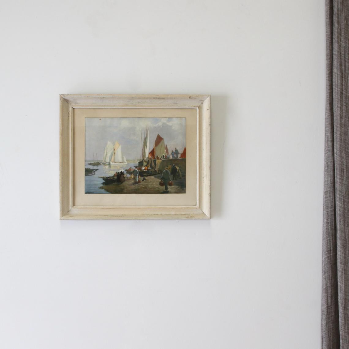 Wharf Scene Lithograph With White-Washed Frame