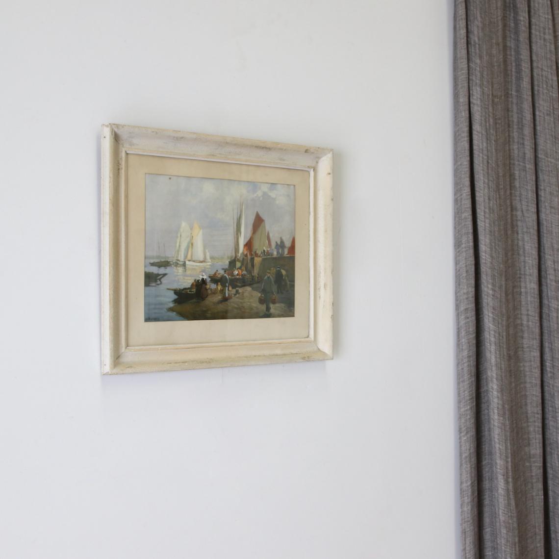 Wharf Scene Lithograph With White-Washed Frame