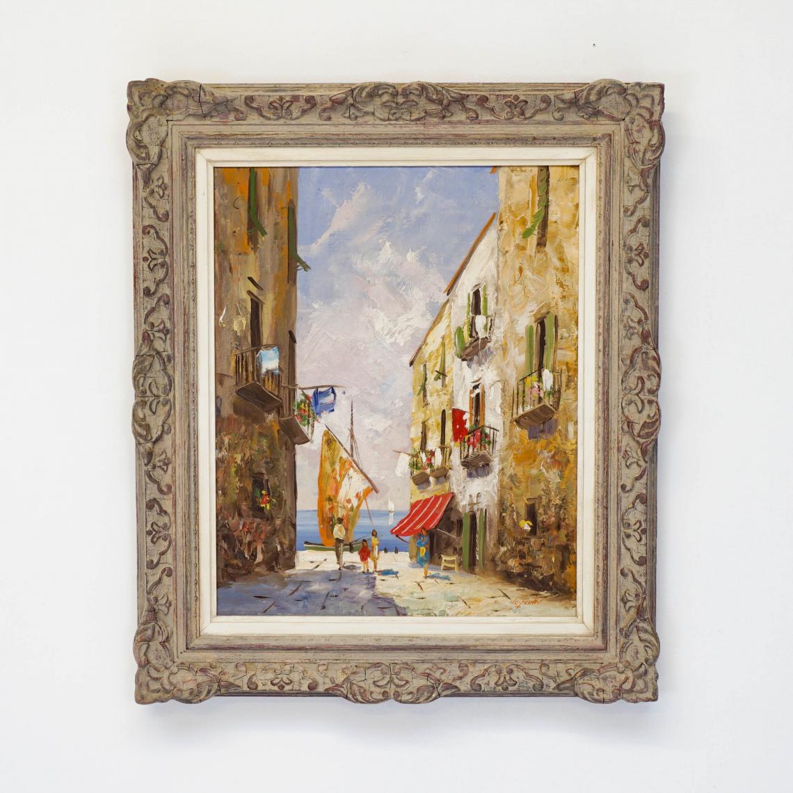 Mediterranean Village Scene // Framed Oil on Canvas