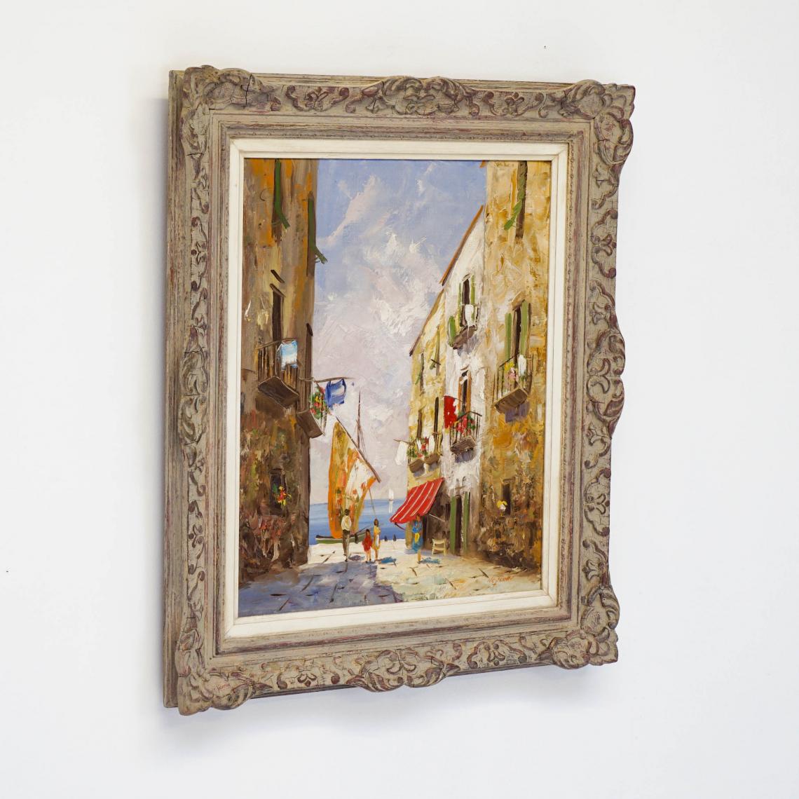 Mediterranean Village Scene // Framed Oil on Canvas