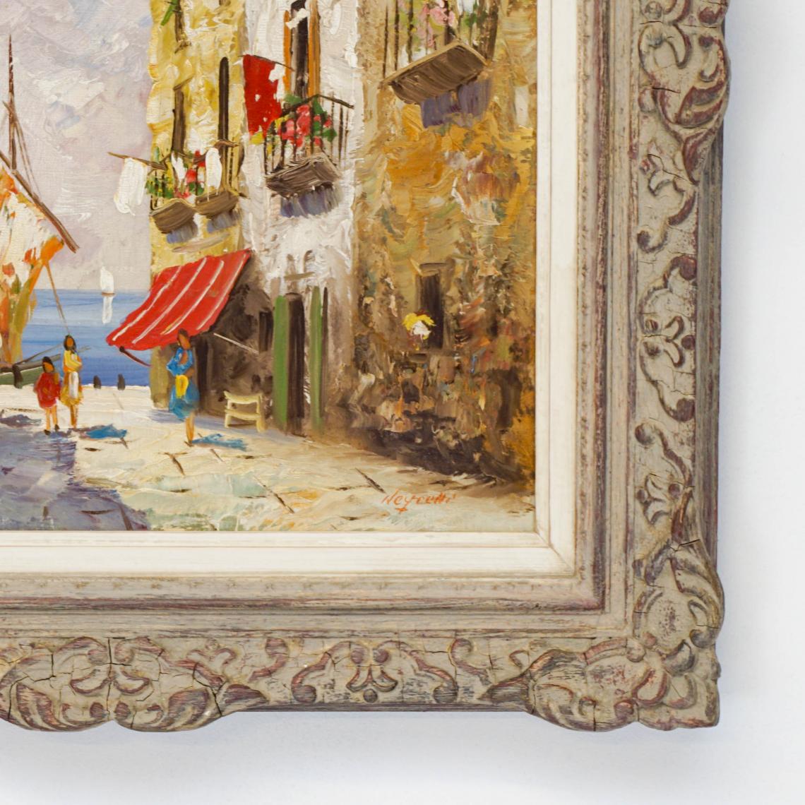 Mediterranean Village Scene // Framed Oil on Canvas