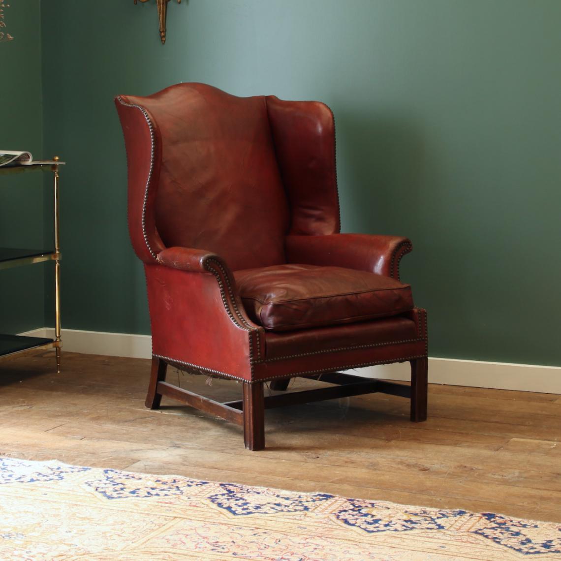 A Good English Leather Wingback Armchair