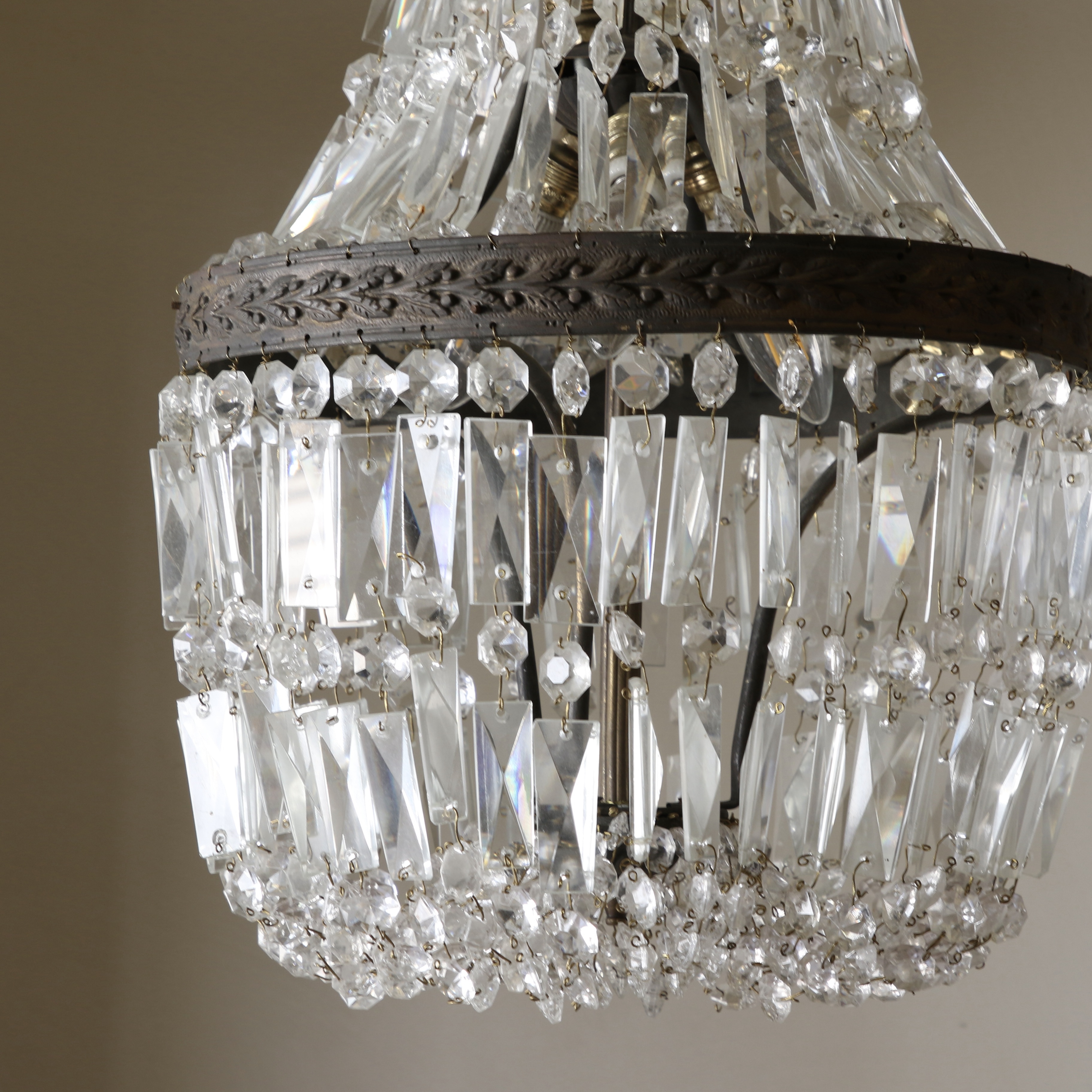 French Crystal Waterfall and Basket Chandelier